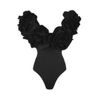 Crimson Red Plunge Swimwear Set with Dramatic 3D Floral Embellishments