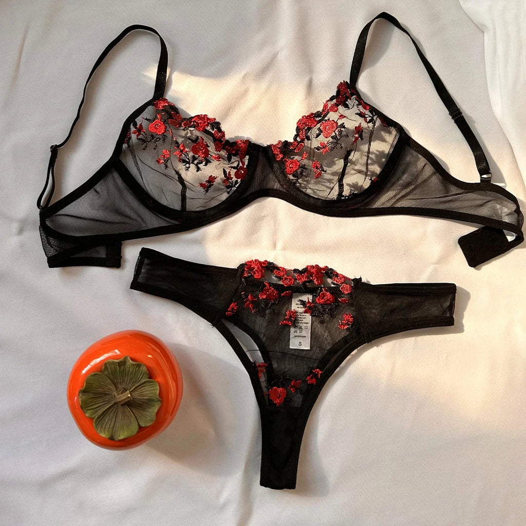 Vibrant Yellow Botanical Embroidered Sheer Mesh Underwire Bra and Thong Set