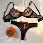 Vibrant Yellow Botanical Embroidered Sheer Mesh Underwire Bra and Thong Set