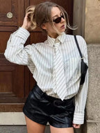 Boyfriend-Style Striped Button-Down Shirt with Matching Fabric Tie