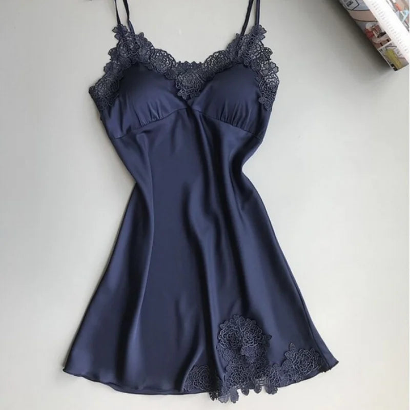 Elegant Smooth Knit Slip Dress with Lace Neckline and Removable Padding