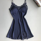 Elegant Smooth Knit Slip Dress with Lace Neckline and Removable Padding