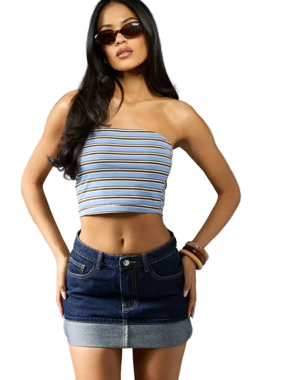 Low Rise Denim Mini Skirt with Folded Hem Pocket Detail Streetwear