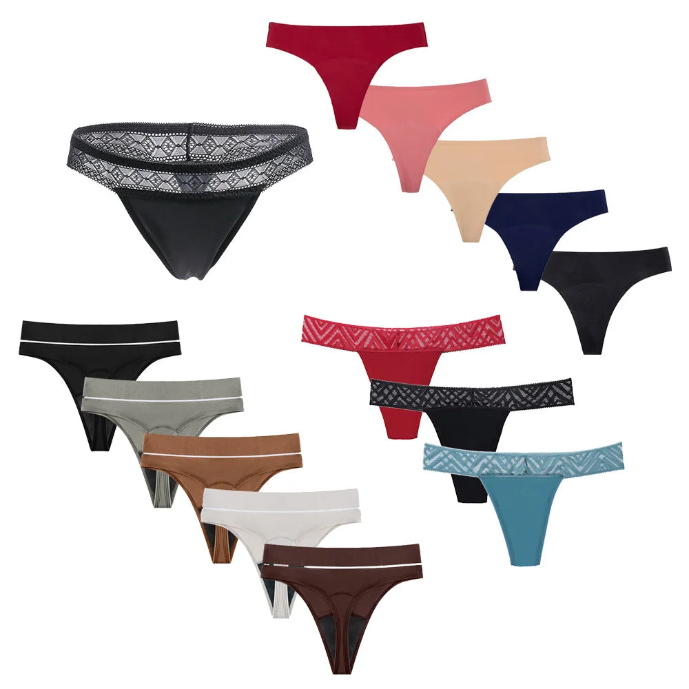Five-Piece High-Waisted Absorbent Menstrual Thong Set with Lace Waistbands