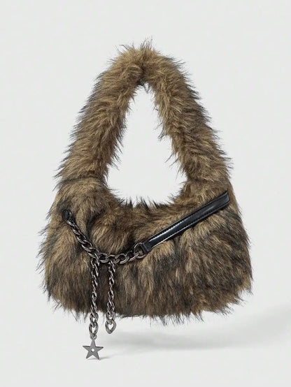 Faux Fur Hobo Shoulder Bag with Chain Detail Y2K Inspired Styling