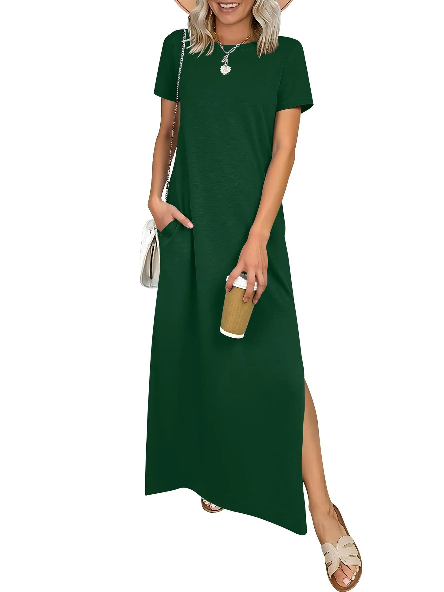 Relaxed Crew Neck Maxi Dress with Side Slits and Functional Pockets