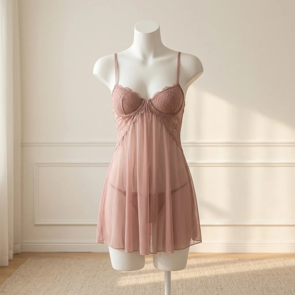 Romantic Deep Red Open-Front Babydoll with Lace Bodice and Matching Panty