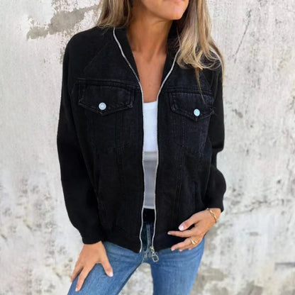 Women's Patchwork Denim Contrast Sleeve Button-Up Casual Streetwear Jacket
