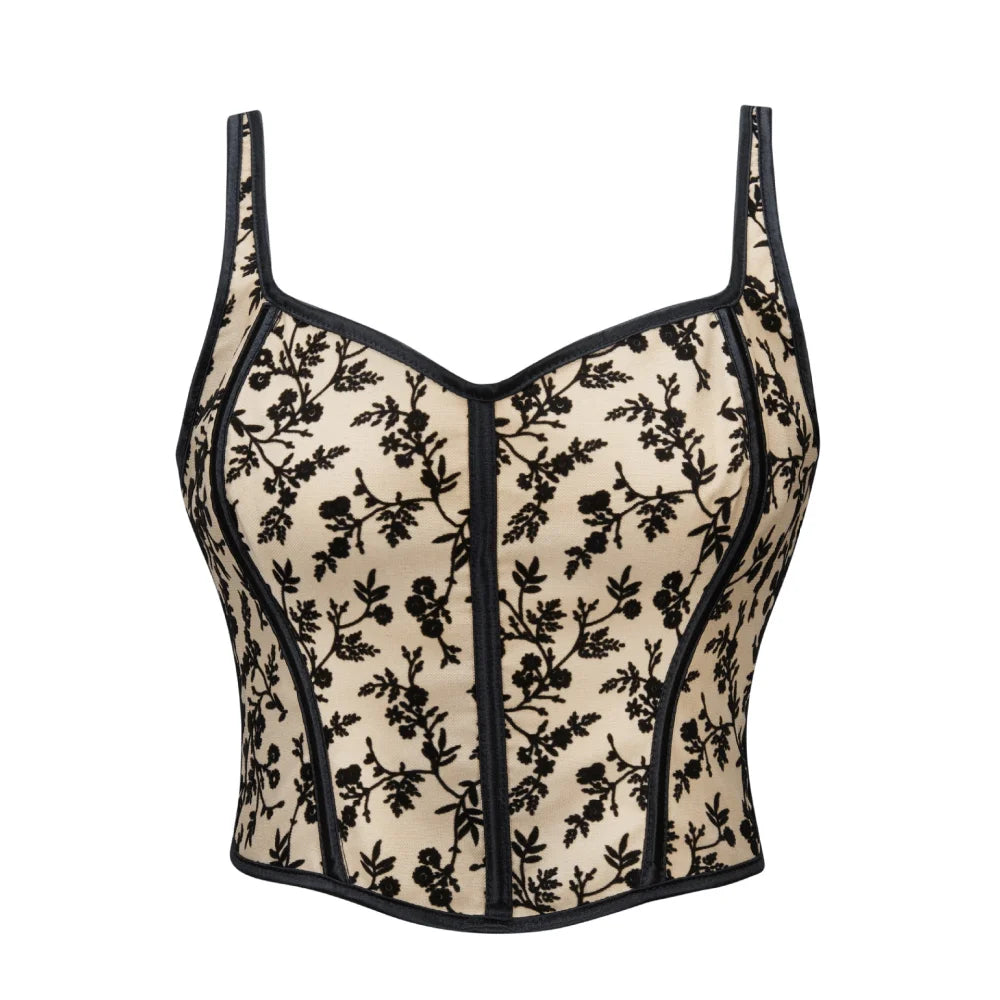 Coquette Flocked Floral Mesh Corset Top with Contrasting Trim and Sweetheart Neckline