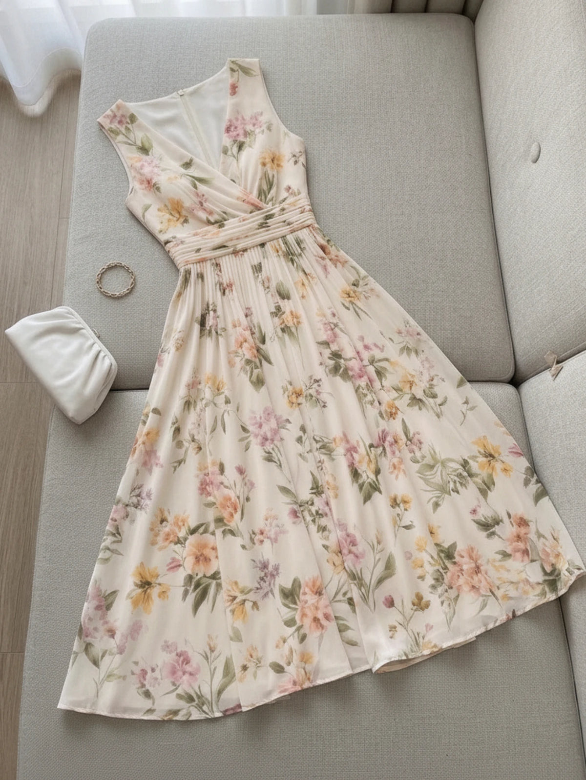 Romantic Pastel Floral Wrap-Style Midi Dress with Pleated A-Line Skirt