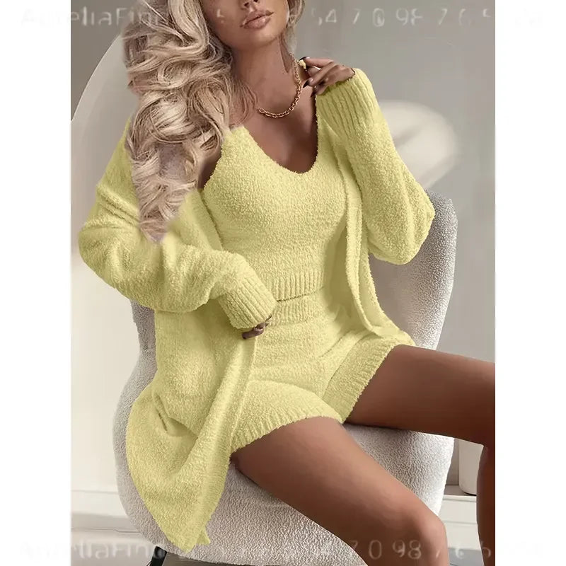 Women's Fall Loungewear Set with Long-Sleeve Cardigan, V-Neck Tank Top and Matching Shorts, Soft Relaxed Homewear Sleepwear Outfit