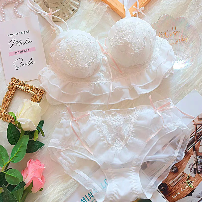 Sweet Peach Ruffled Wire-Free Bralette and Panty Set with Floral Embroidery