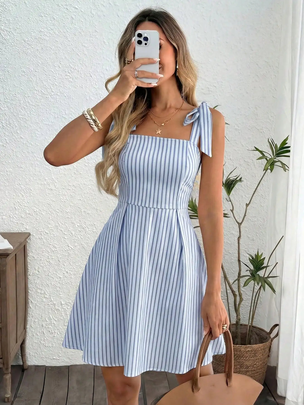 Tie Shoulder Striped A-Line Mini Dress with Square Neck Design
