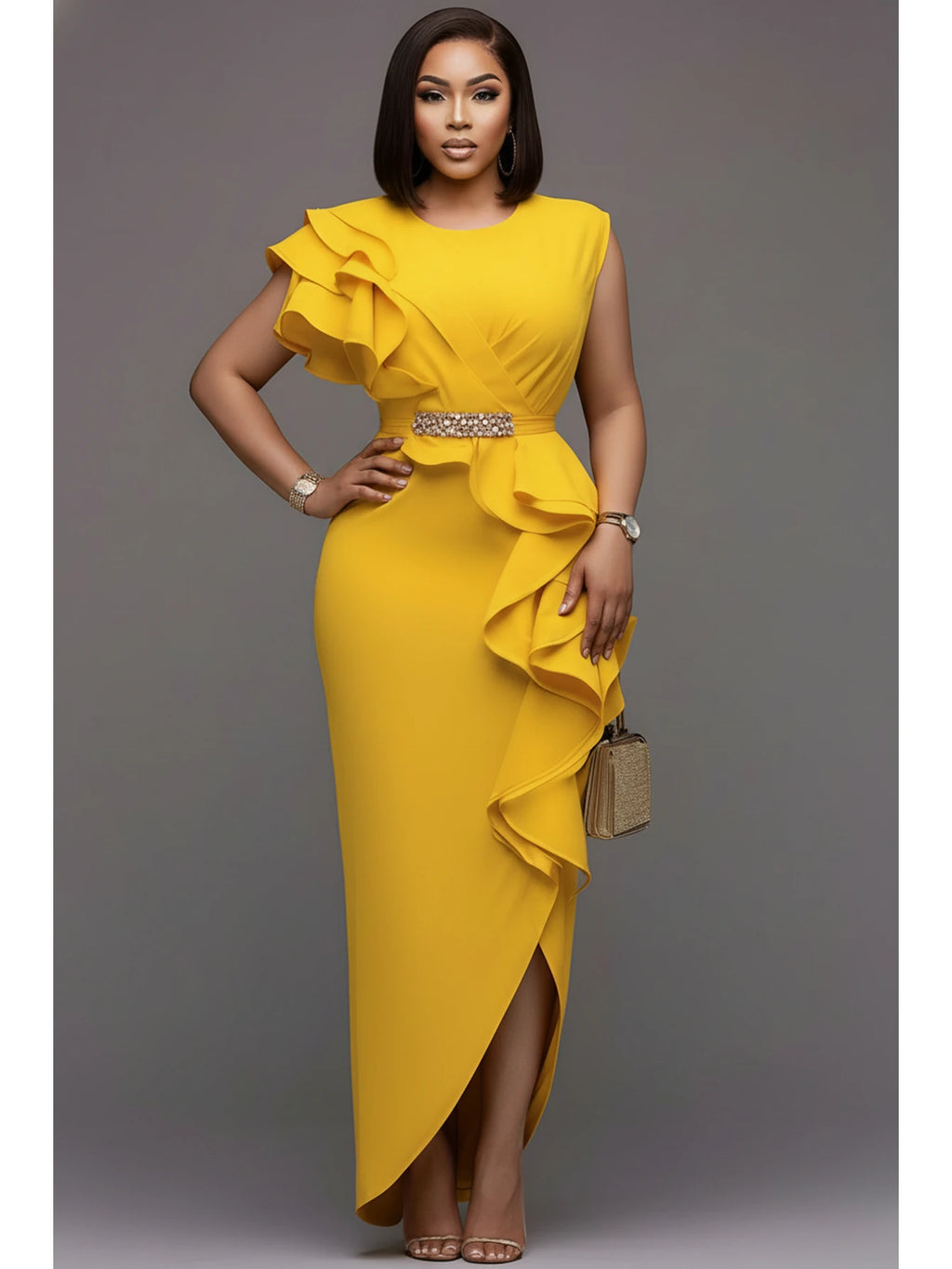 Striking Asymmetrical Ruffle Bodycon Dress with Side Split Detail