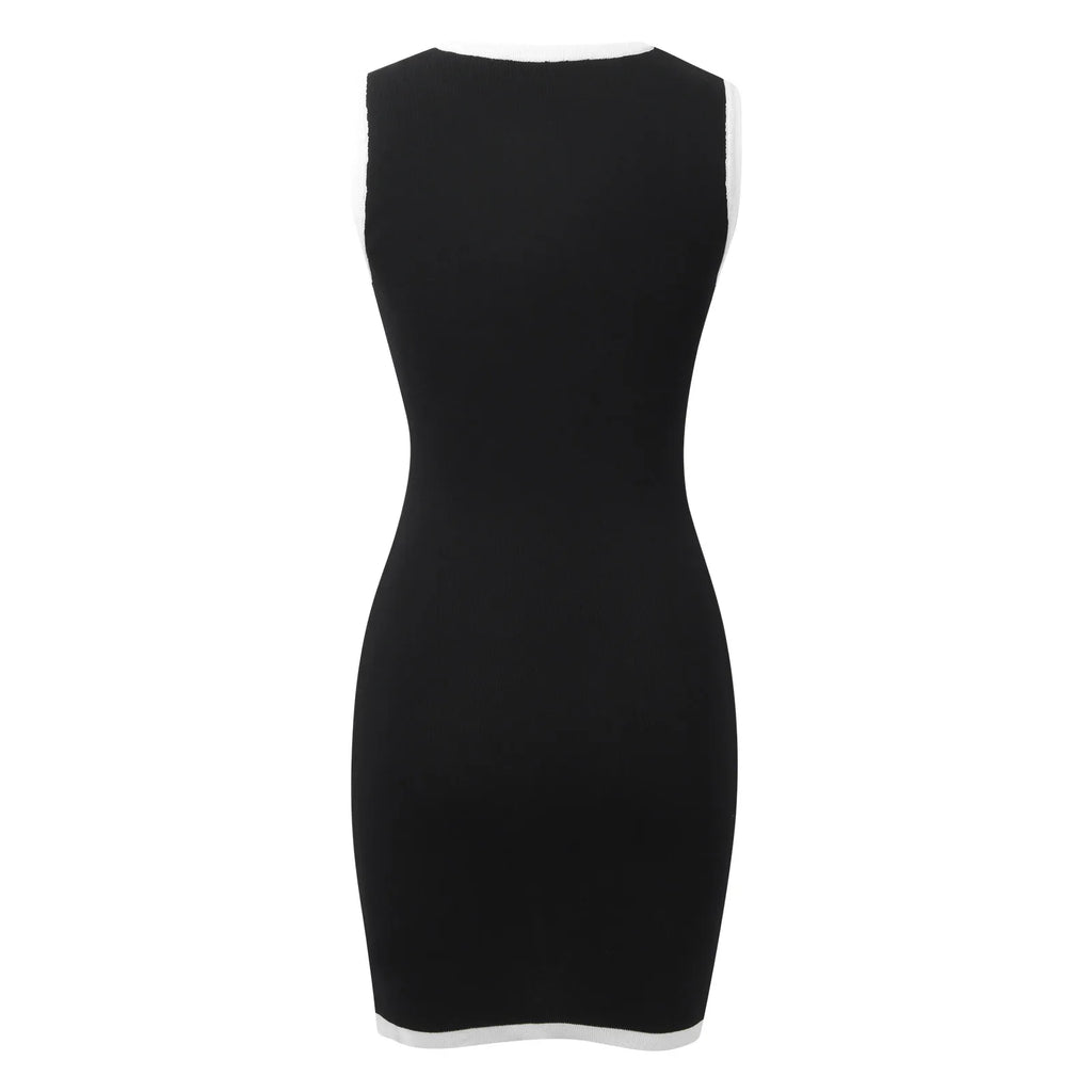 Chic Black Contrast-Trim Sleeveless Mini Dress with Faux Button Detailing
