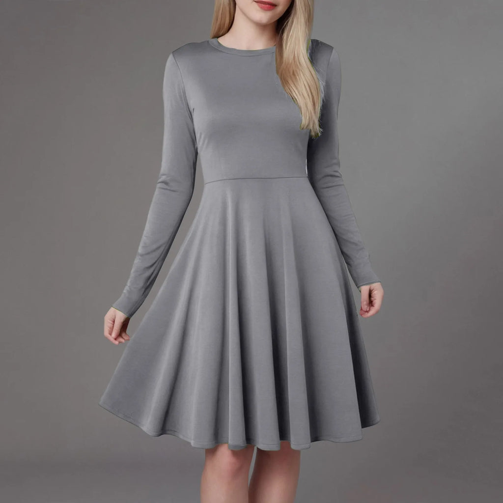 Elegant Solid Color Long-Sleeve A-Line Dress with High Waistline