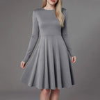 Elegant Solid Color Long-Sleeve A-Line Dress with High Waistline