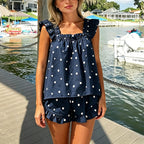 Women's Polka Dot Ruffle Trim Sleeveless Pajama Shorts Set Relaxed Lounge Sleepwear