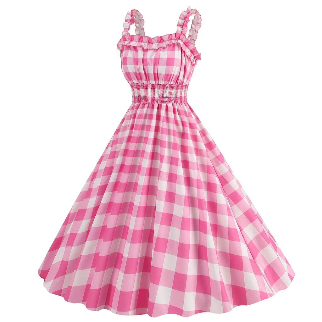 Vintage-Inspired Pink Polka Dot A-Line Dress with Ruffled Straps and Smocked Bodice