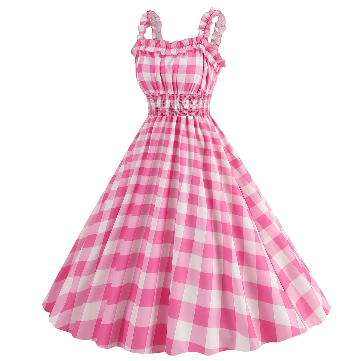 Vintage-Inspired Pink Polka Dot A-Line Dress with Ruffled Straps and Smocked Bodice