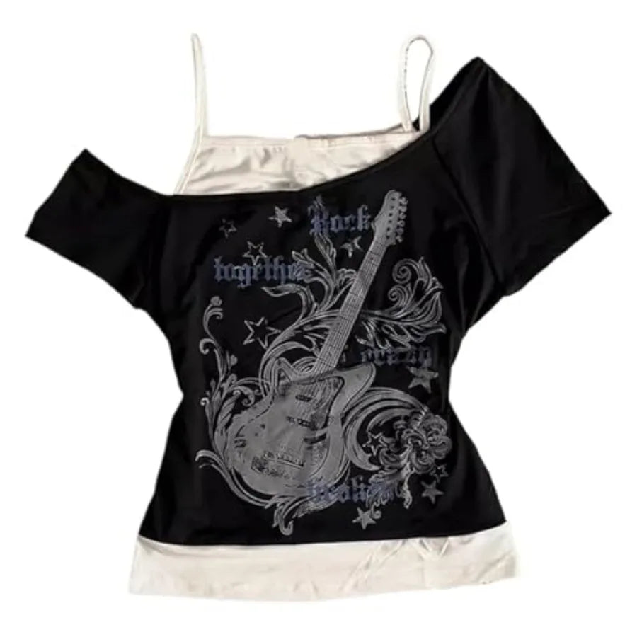 Layered Graphic Baby Tee with Contrast Panels and Alternative Y2K Styling