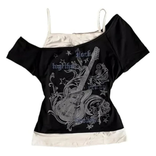 Layered Graphic Baby Tee with Contrast Panels and Alternative Y2K Styling