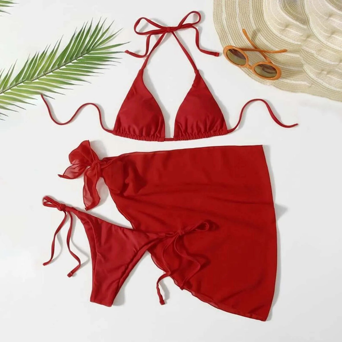 Navy Blue Three-Piece Triangle Bikini Set with Lace-Up Halter Top, Matching Bottom and Coordinated Wrap Skirt