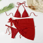 Navy Blue Three-Piece Triangle Bikini Set with Matching Tie Sarong