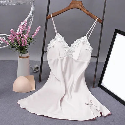 Elegant White Satin-Finish Slip Dress with Lace Appliqué and Removable Pads