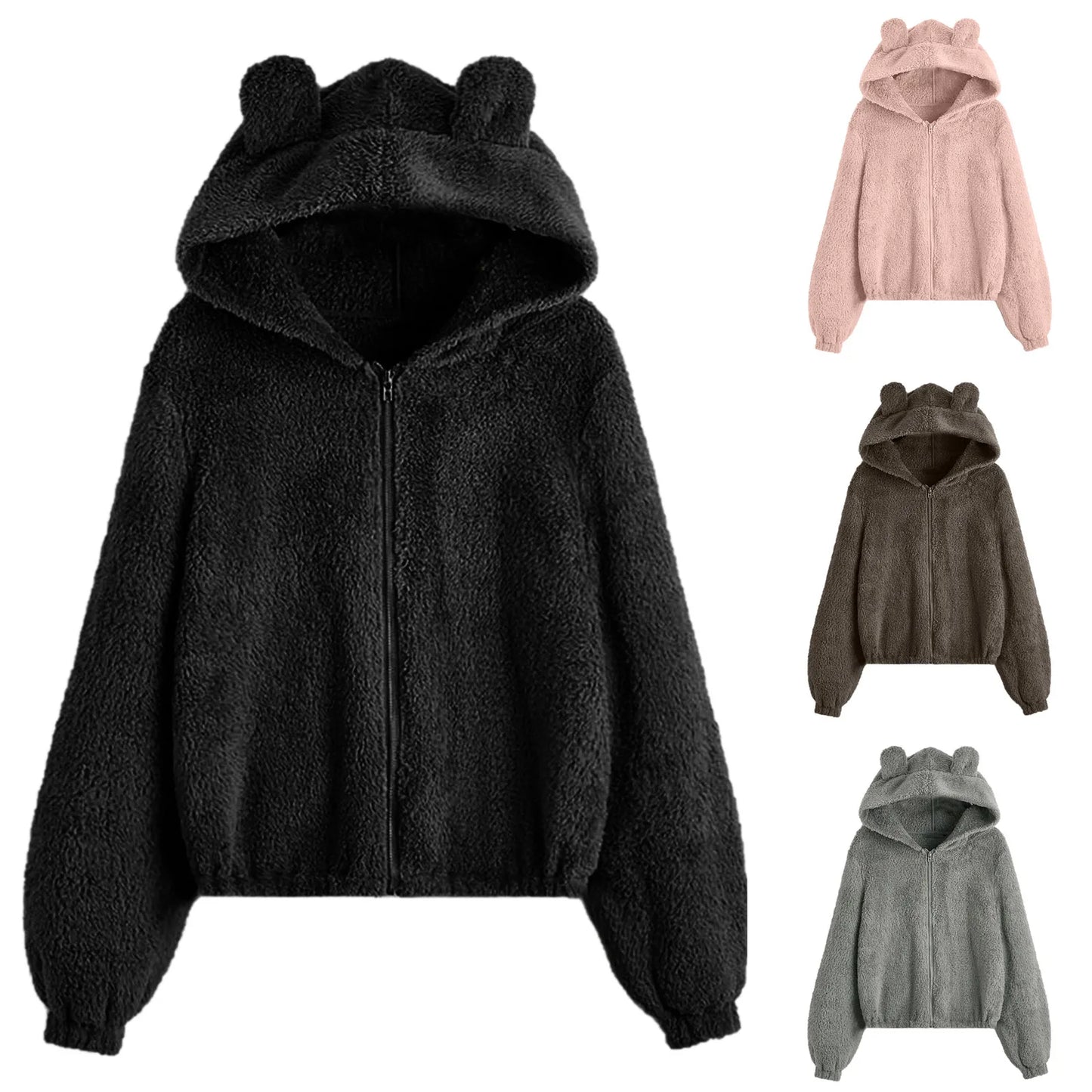 Women's Plush Zip-Up Hoodie with Bear Ear Hood Relaxed Casual Everyday Style