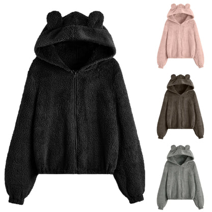 Women's Plush Zip-Up Hoodie with Bear Ear Hood Relaxed Casual Everyday Style
