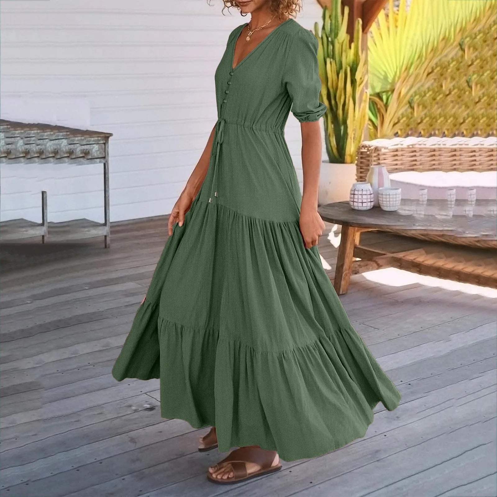 Tiered Drawstring Maxi Dress with Relaxed Flowing Contemporary Silhouette