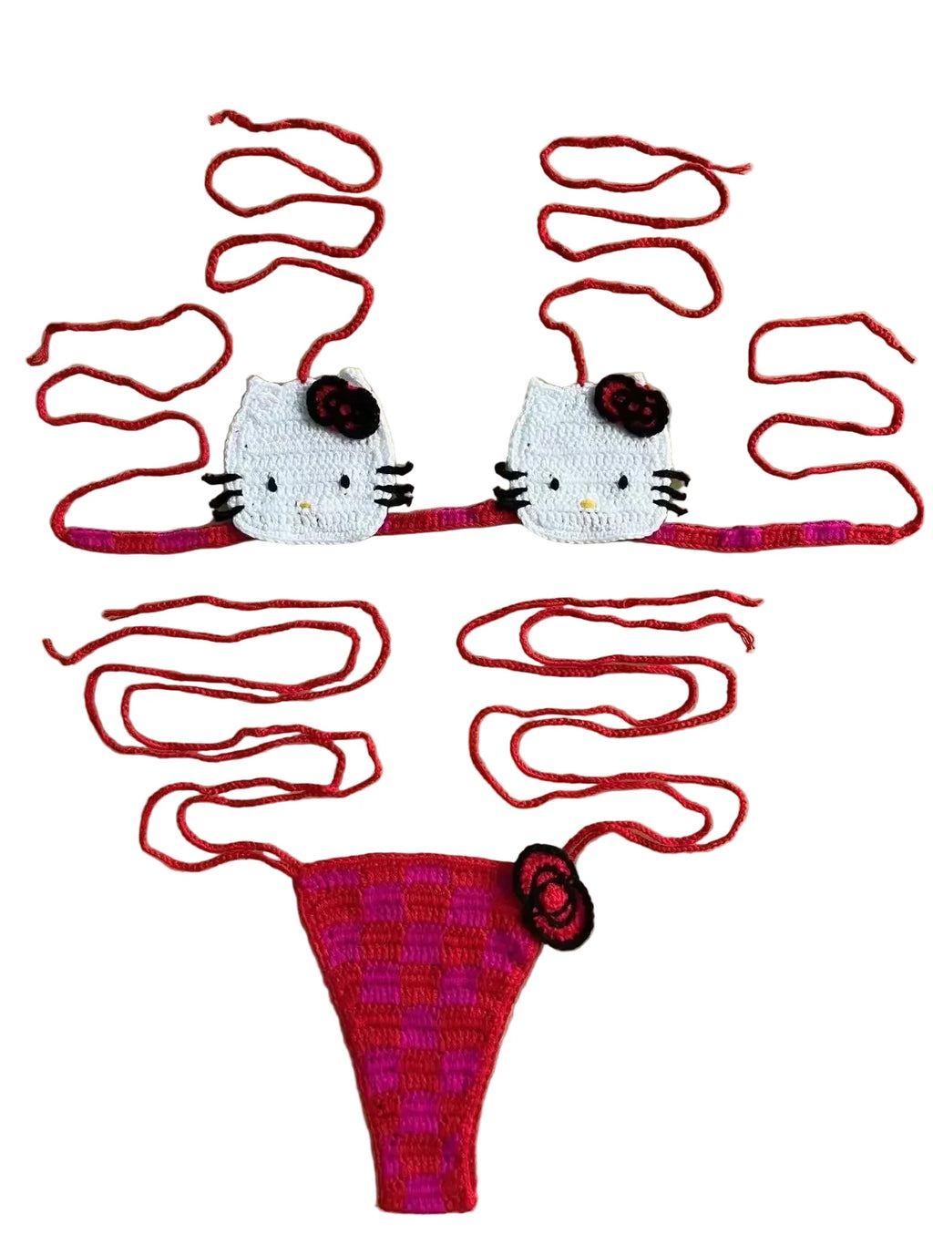 Hand-Crafted Crochet Halter Bikini Set with Whimsical Feline and Checkerboard Details
