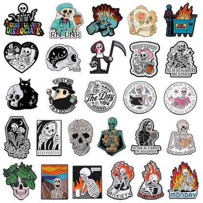 Stay Weird Skeleton Reader Gothic Enamel Pin for Alternative Fashion Styling