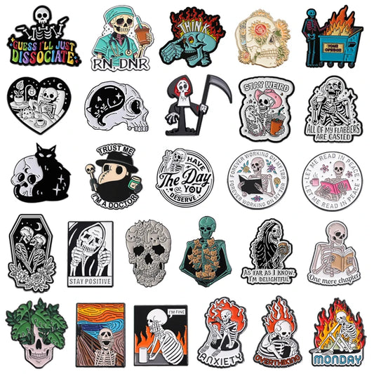 Stay Weird Skeleton Reader Gothic Enamel Pin for Alternative Fashion Styling