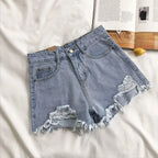 Women's Distressed Denim Style High Waist Frayed Hem Casual Streetwear Shorts with Pocket Design
