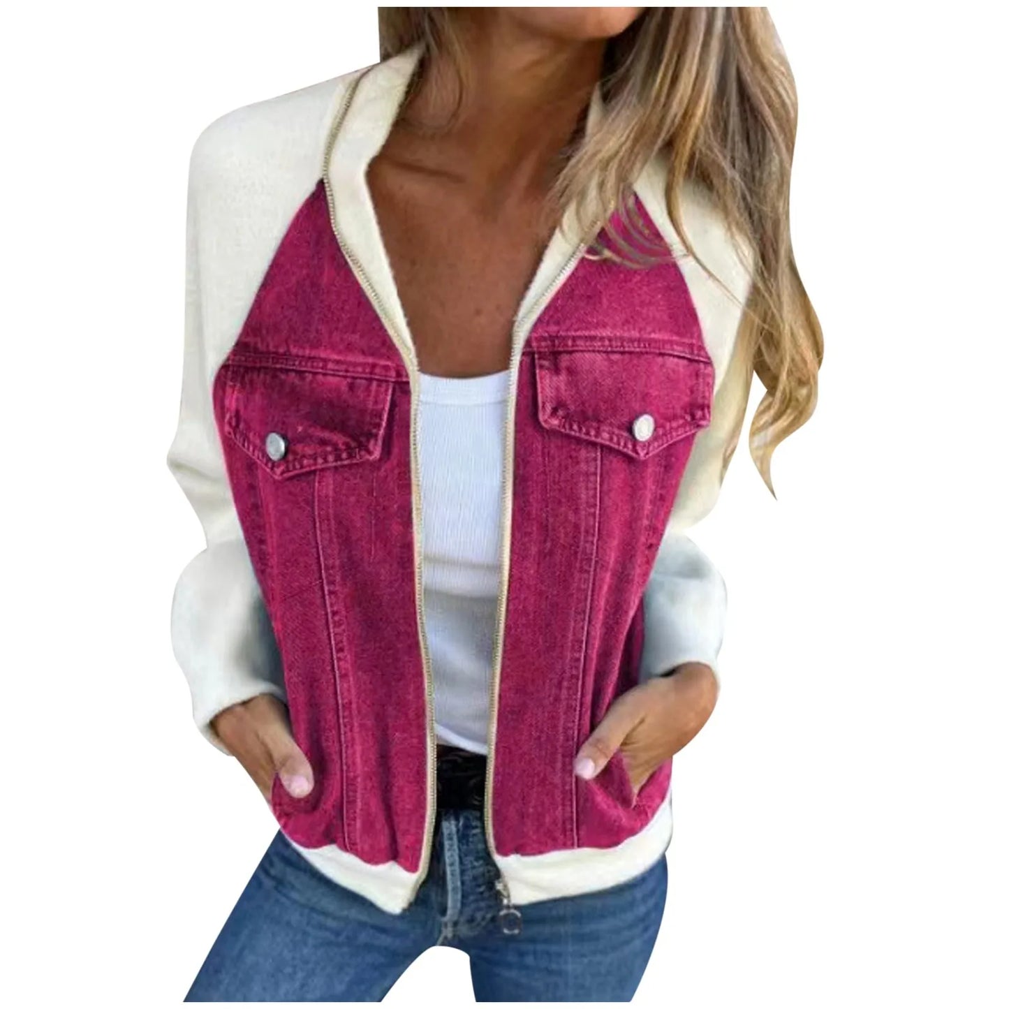 Women's Patchwork Denim Contrast Sleeve Button-Up Casual Streetwear Jacket