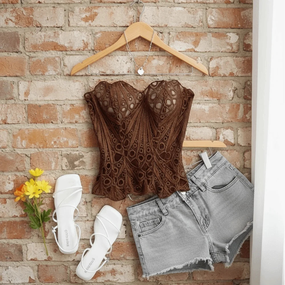 Intricate Brown Sheer Floral Lace Strapless Corset with Front Ribbon Tie