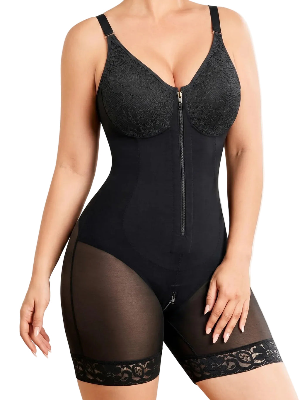 Sleek V-Neck Shaping Bodysuit with Dual Front Closure and Lace Details