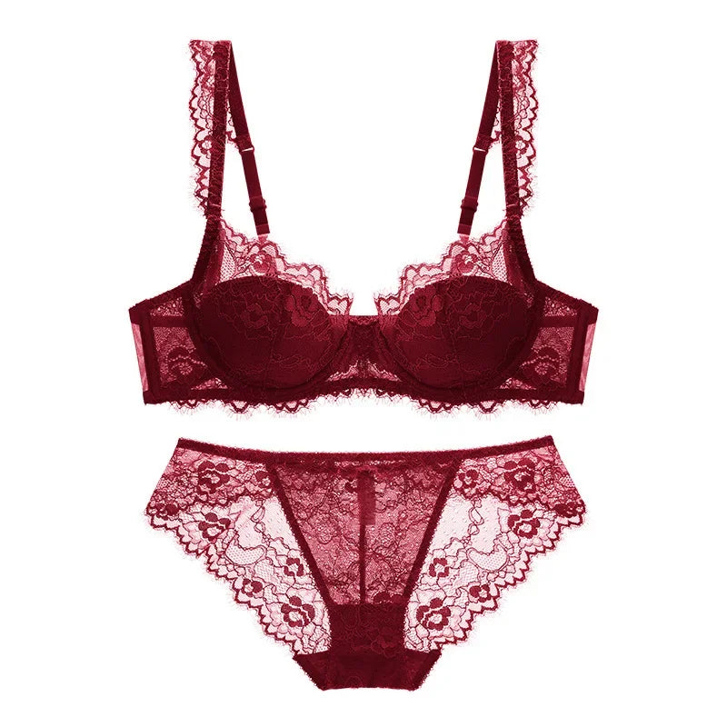 Delicate Blush Lace Lingerie Set with Adjustable-Strap Bra and Sheer-Detail Brief
