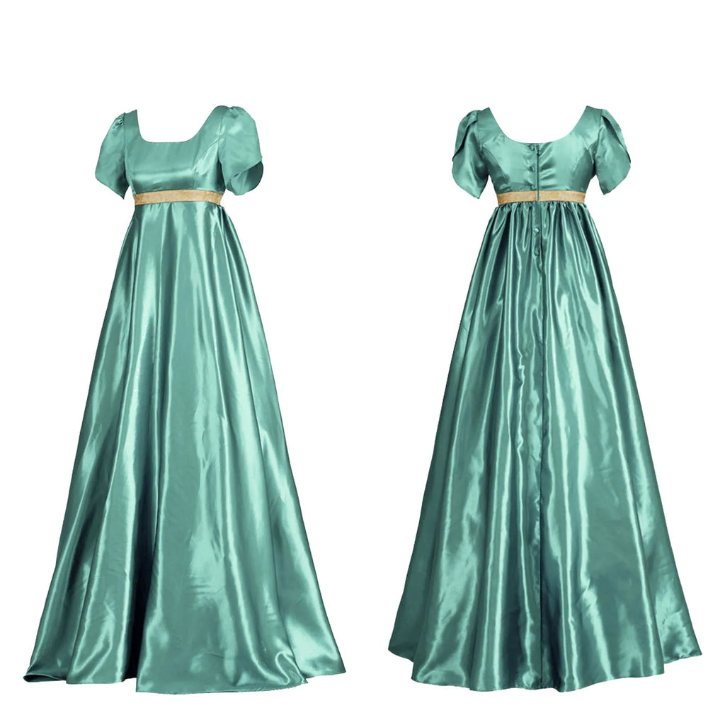 Vintage-Inspired Satin Maxi Dress with Puff Sleeves and Empire Waist