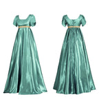 Vintage-Inspired Satin Maxi Dress with Puff Sleeves and Empire Waist