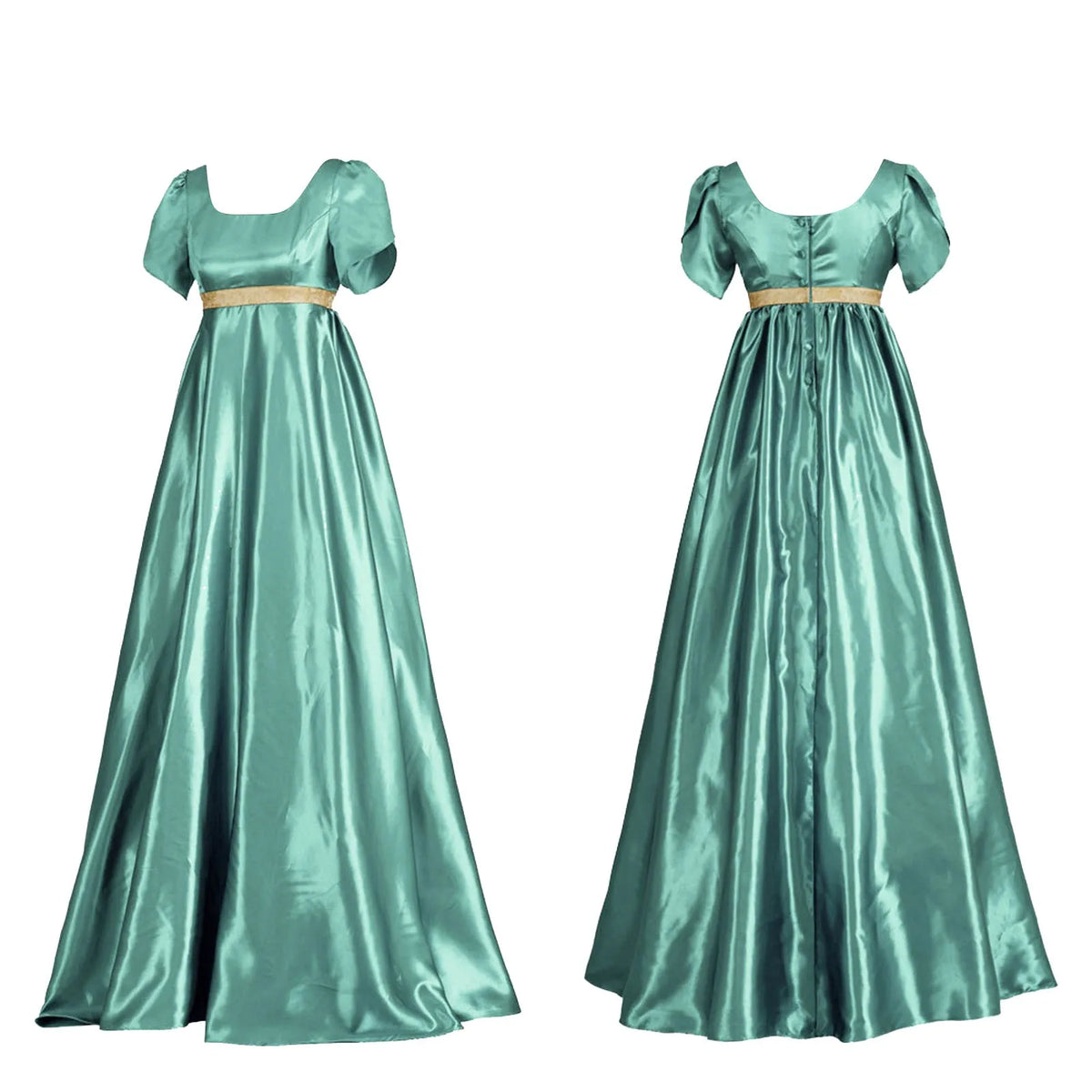 Vintage-Inspired Satin Maxi Dress with Puff Sleeves and Empire Waist