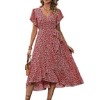 Printed Ruffle Hem Midi Dress with Relaxed A-Line Silhouette