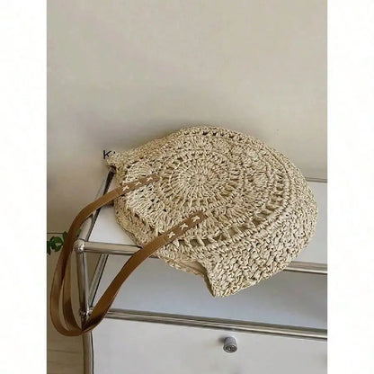 Handwoven Hollow Straw Round Tote Bag with Open Design Summer Carryall