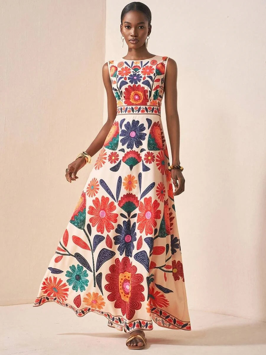 Vibrant Botanical Print Sleeveless Maxi Dress with Elegant Round Neckline