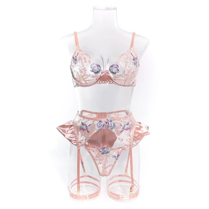 Romantic Blush Pink Satin-Finish Lingerie Set with Blue Floral Appliqués