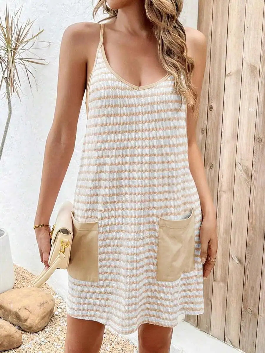 Striped Sleeveless Mini Dress with Front Pockets Casual Summer Style