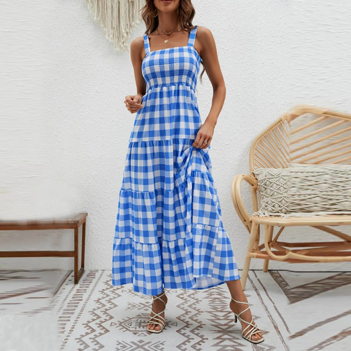 Yellow Gingham Tiered Maxi Dress with Smocked Bodice and Wide Straps