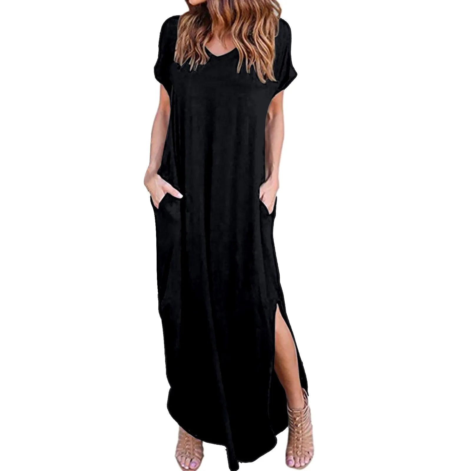 Oversized Short Sleeve Maxi Dress with Side Slit Relaxed Silhouette